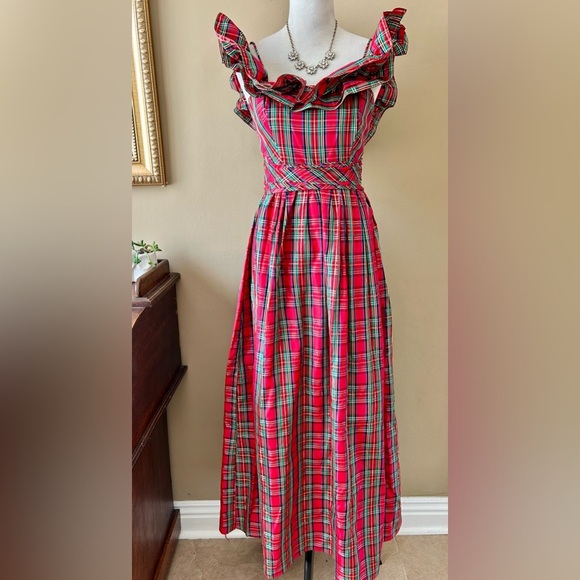 Vintage 1970s Red Royal Stewart Tartan Plaid Ruffle Off Shoulder Maxi Dress XS - Picture 6 of 16